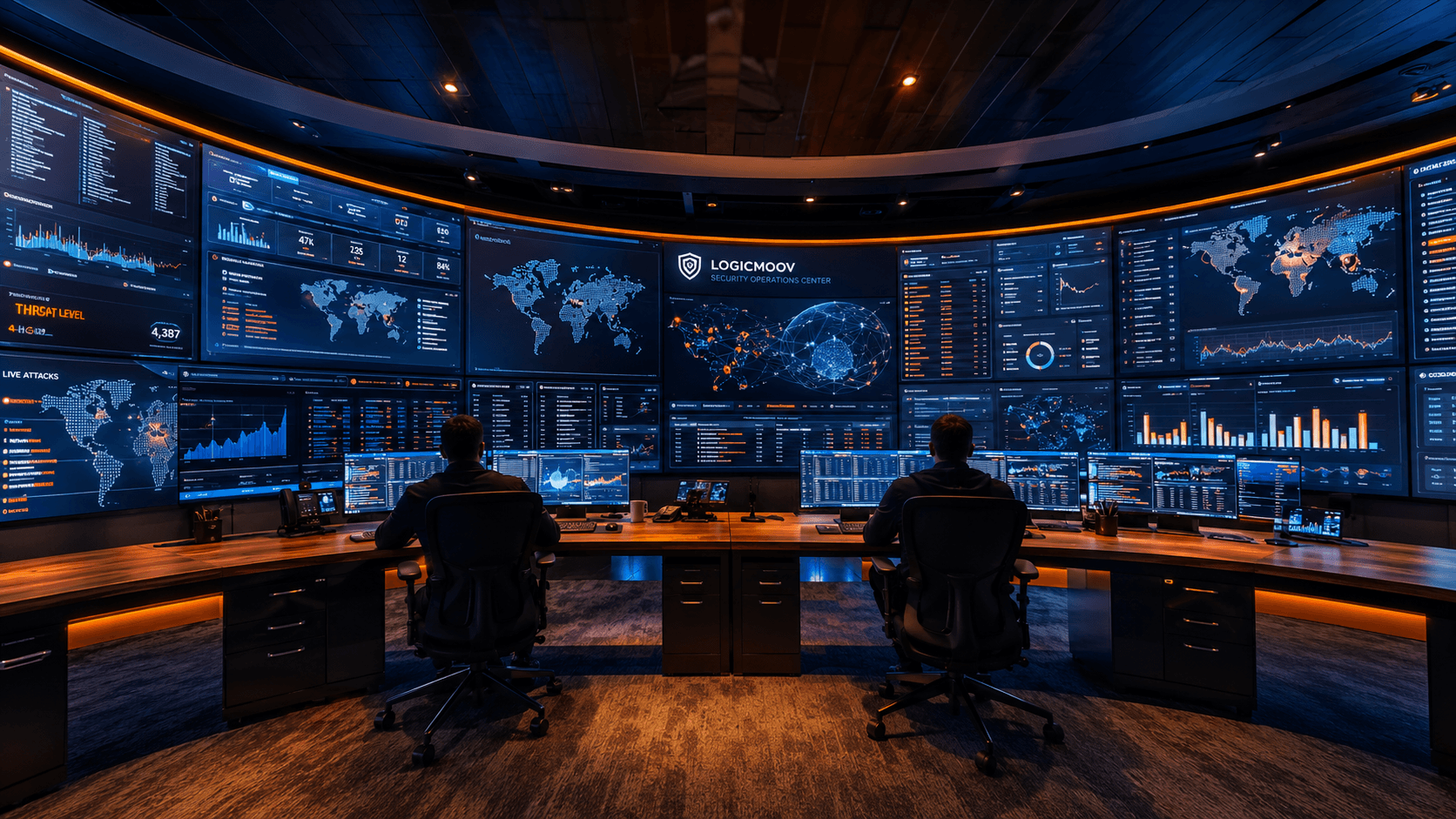 LogicMoov security operations center with analysts monitoring live threat data